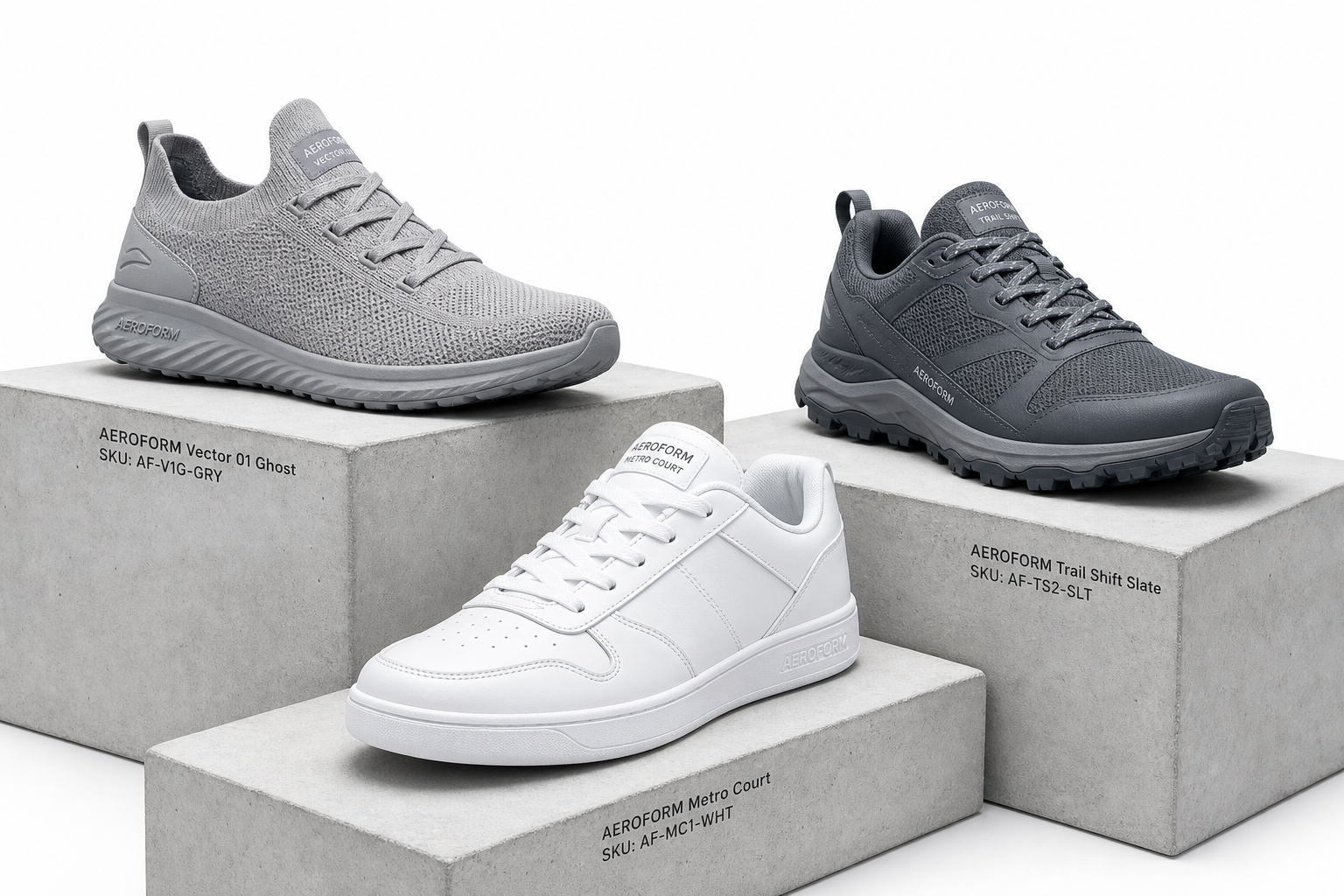 AEROFORM studio lineup of three performance sneakers on concrete blocks